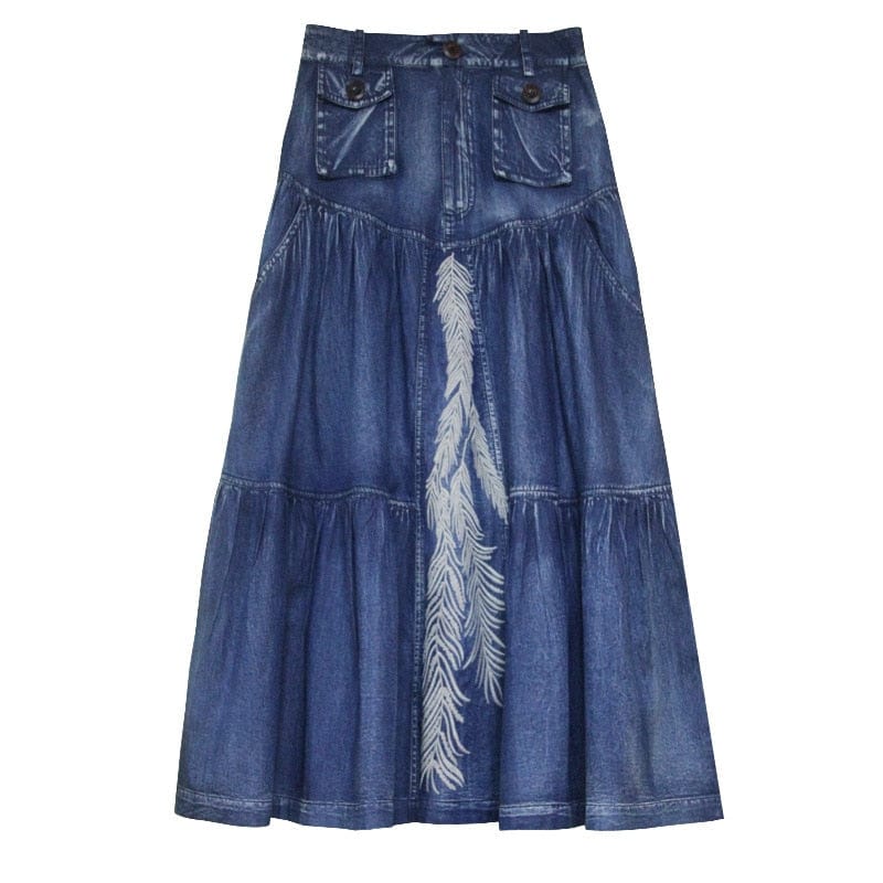 Buddha Trends Skirts Feathers Embroidered Denim Midi Skirt