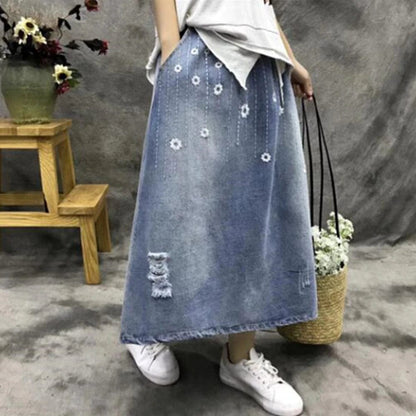 Buddha Trends Skirts Floral Embroidered Distressed Denim Skirt