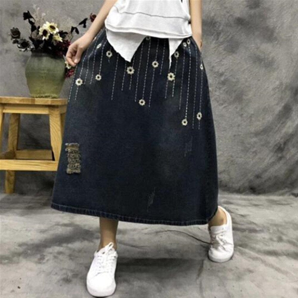 Buddha Trends Skirts Floral Embroidered Distressed Denim Skirt