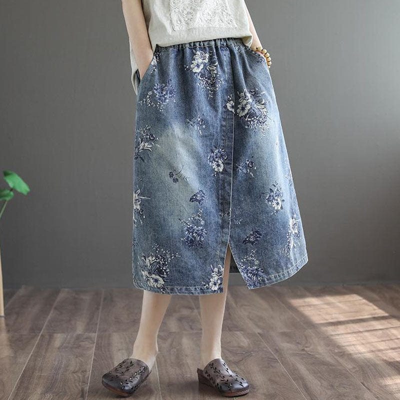 Buddha Trends Skirts Floral Printed Denim Skirt