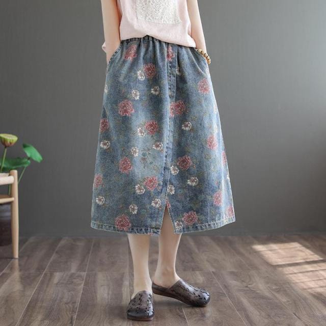 Buddha Trends Skirts Floral Printed Denim Skirt