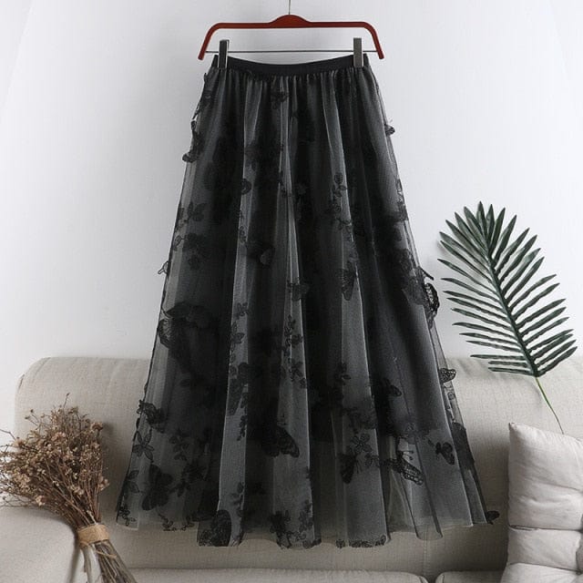Buddha Trends Skirts Gray / One Size Flowers &amp; Butterflies Asymmetrical Midi Skirt