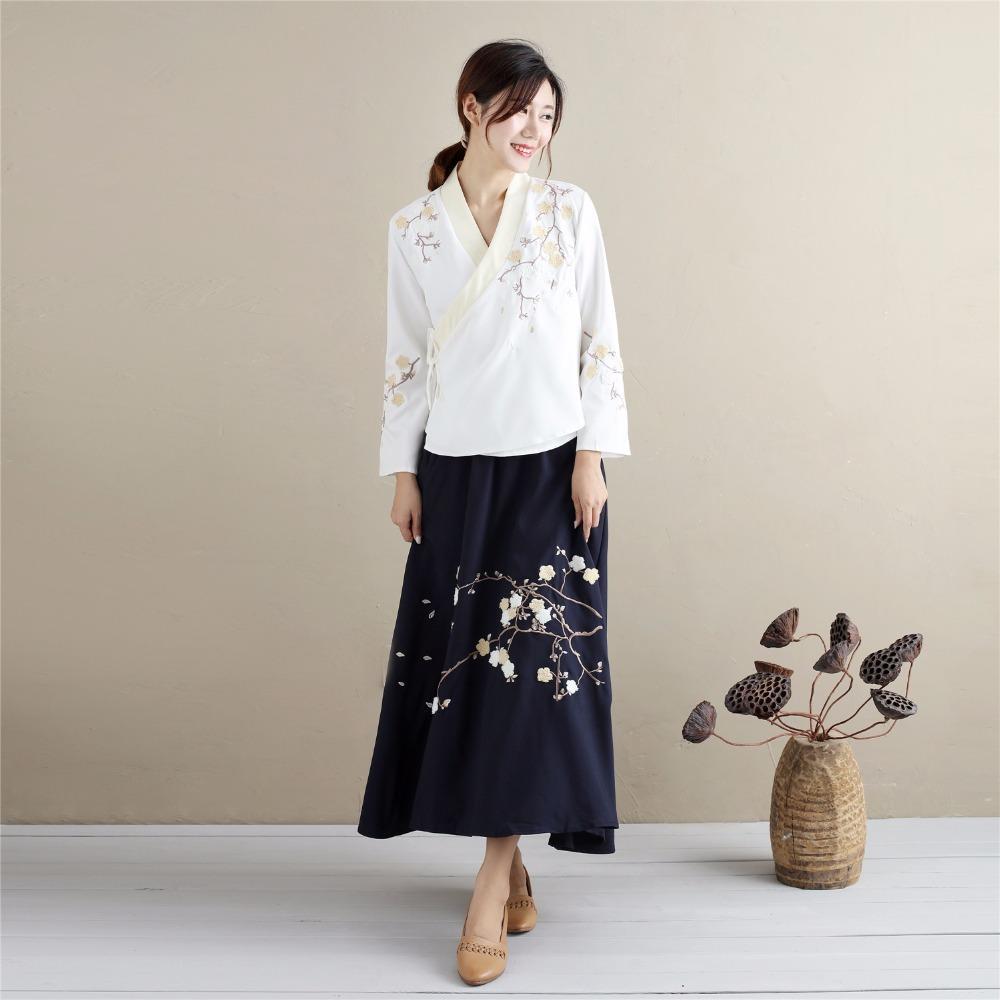 Buddha Trends Faldas Falda larga con bordado floral de cintura alta