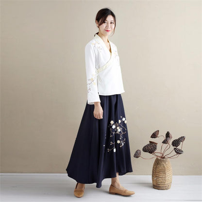 Buddha Trends Skirts High Waist Floral Embroidered Maxi Skirt