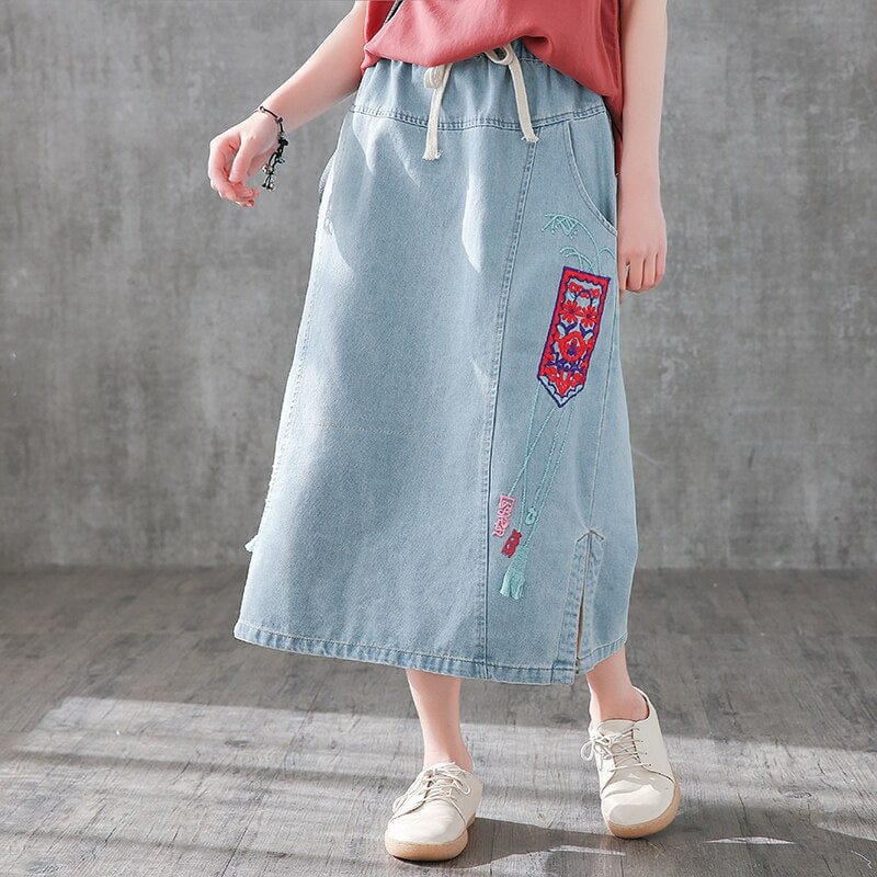 Buddha Trends Skirts Light Blue / One Size Embroidered Vintage Denim Skirt