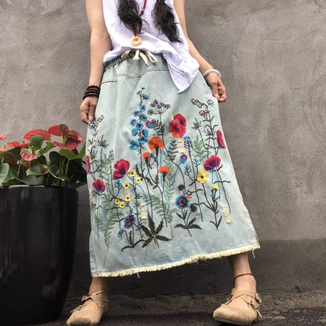 Floral Embroidered Denim Midi Skirt – Buddhatrends