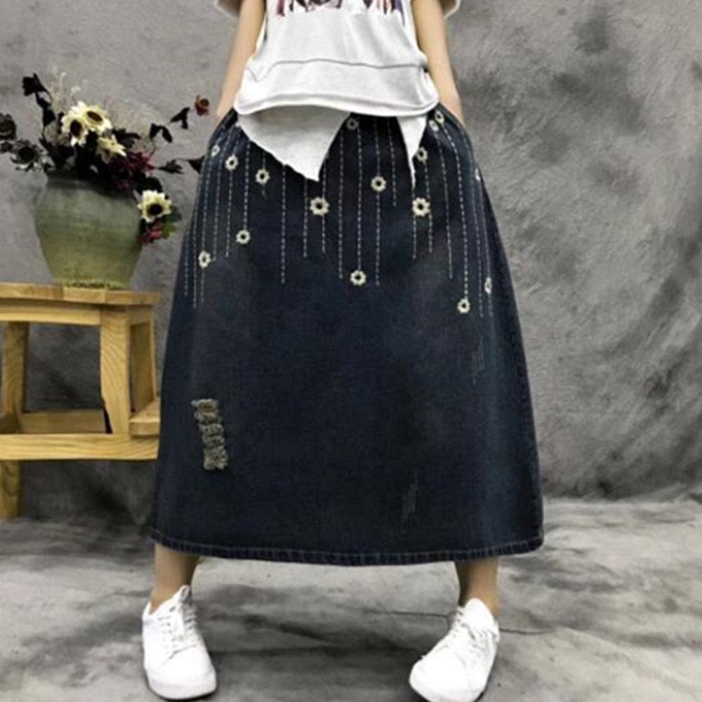 Buddha Trends Skirts φαρδιά φούστα / L Floral κεντημένη ταλαιπωρημένη τζιν φούστα