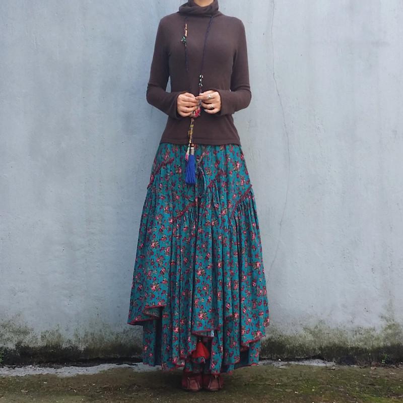 Buddha Trends Skirts Multi Blue / S Asymmetrical Floral Maxi Skirt