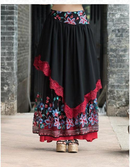 Buddha Trends Skirts One Size / Black Floral Lolita Asymmetrical Floral Maxi Skirt