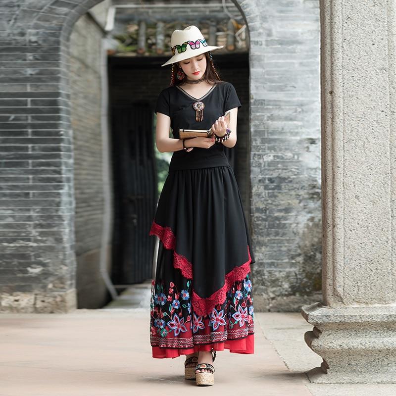 Buddha Trends Skirts One Size / Black Floral Lolita Asymmetrical Floral Maxi Skirt