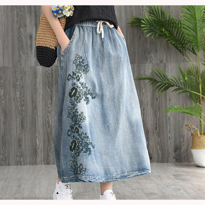 Buddha Trends Skirts One Size / Light Blue Floral Embroidered Distressed Denim Skirt