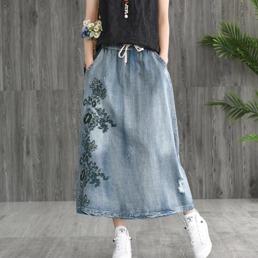Buddha Trends Skirts One Size / Light Blue Floral Embroidered Distressed Denim Skirt