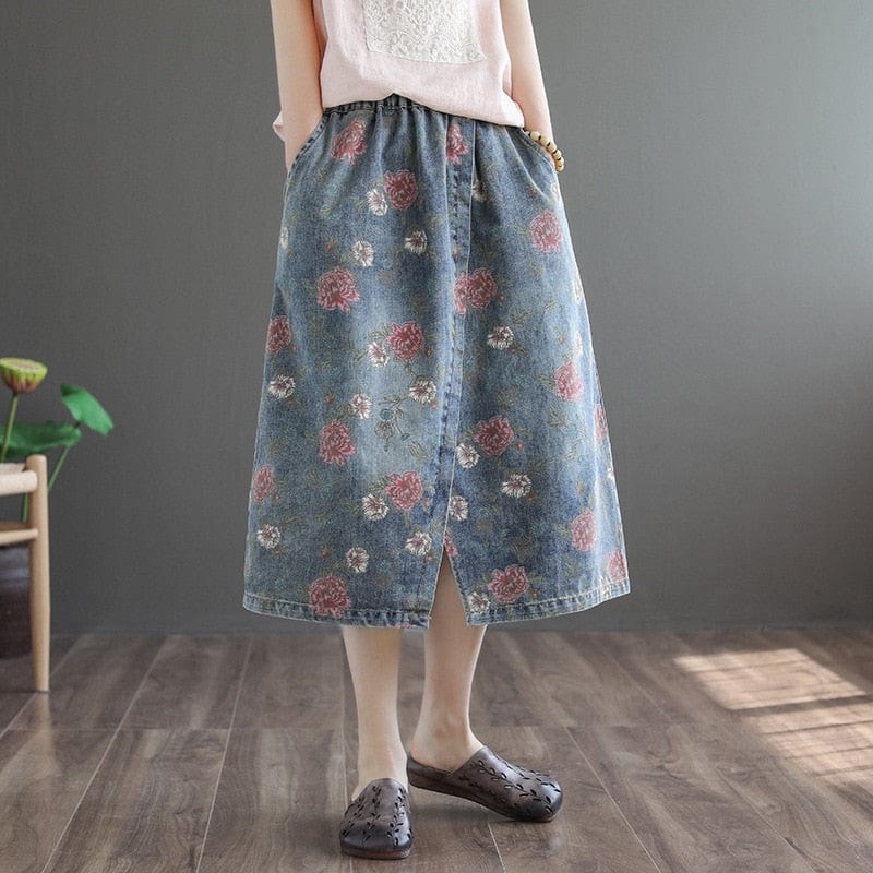 Buddha Trends Skirts Pink Flowers / XL Floral printed τζιν φούστα