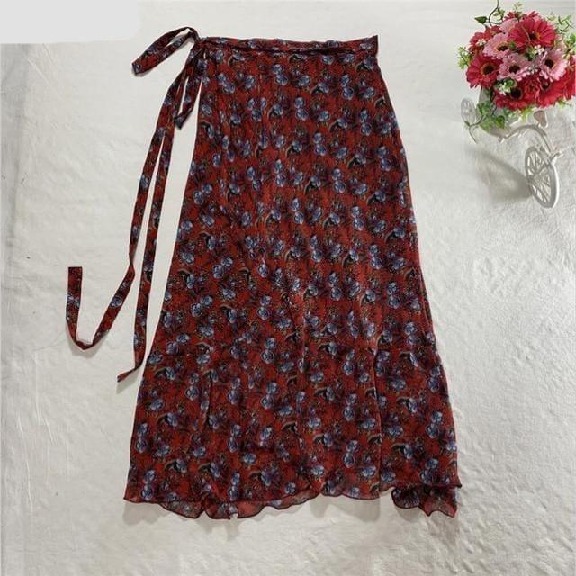 Sukně Buddha Trends Červená květinová / 4XL květinová šifonová zavinovací maxi sukně