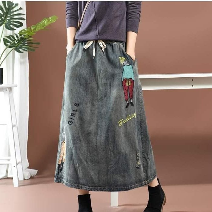 Buddha Trends kjolar Streetstyle tecknad broderad jeanskjol