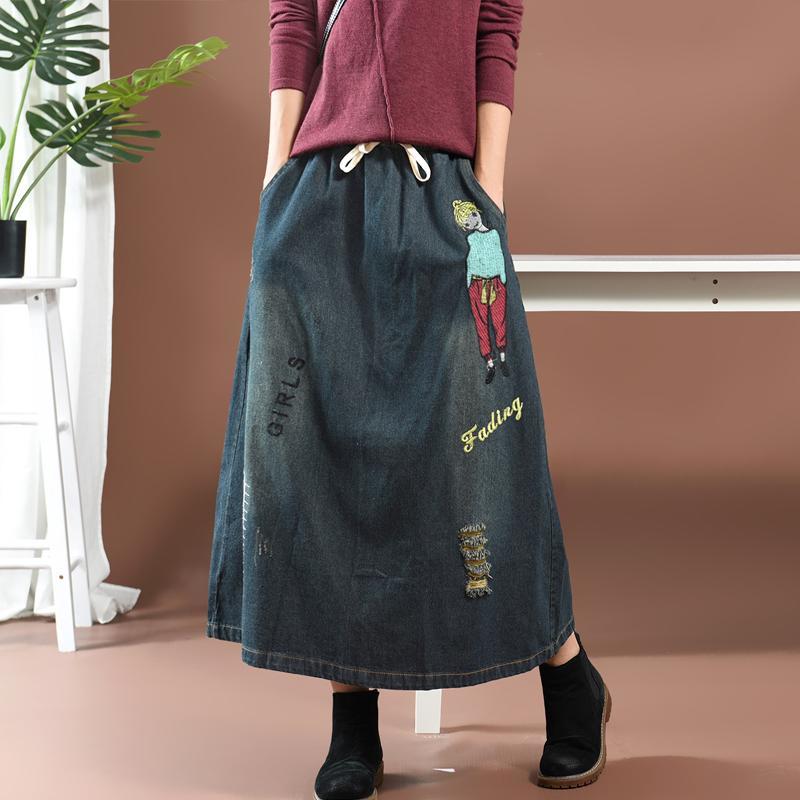 Buddha Trends Skirts Streetstyle Cartoon Embroidered Denim Skirt