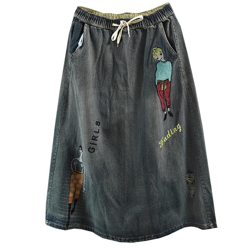 Buddha Trends Skirts Streetstyle Cartoon Embroidered Denim Skirt