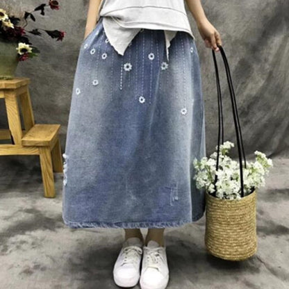 Buddha Trends Skirts summer skirt / L Floral Embroidered Distressed Denim Skirt