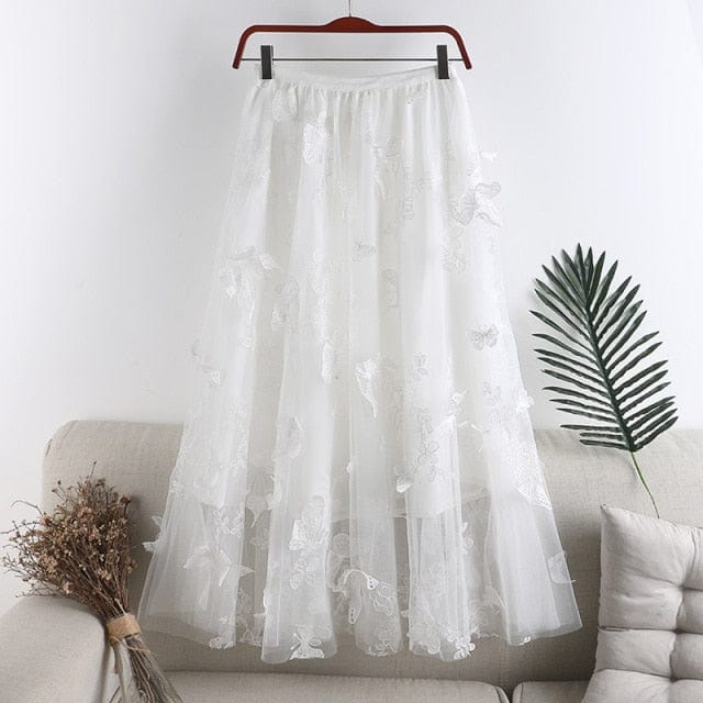 Buddha Trends Skirts White / One Size Flowers &amp; Butterflies Asymmetrical Midi Skirt