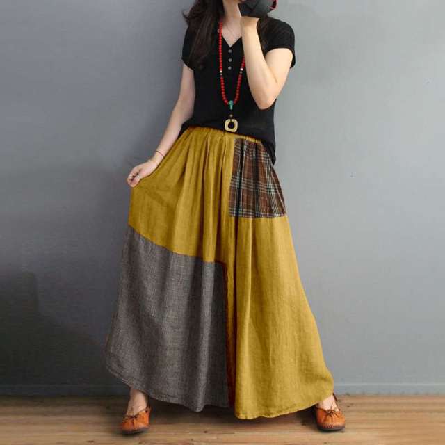 Buddha Trends Skirts Yellow / 5XL Vintage Patchwork Corduroy Midi Skirt