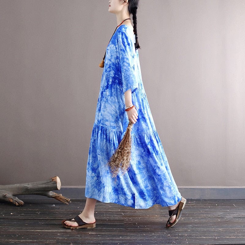 Buddha Trends Sky is the Limit Blue Tie-Dye Midi Dress