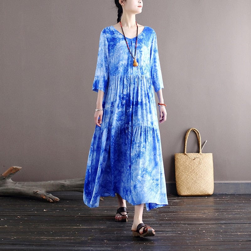 Buddha Trends Sky est finis Blue Tie-Dye Midi Dress