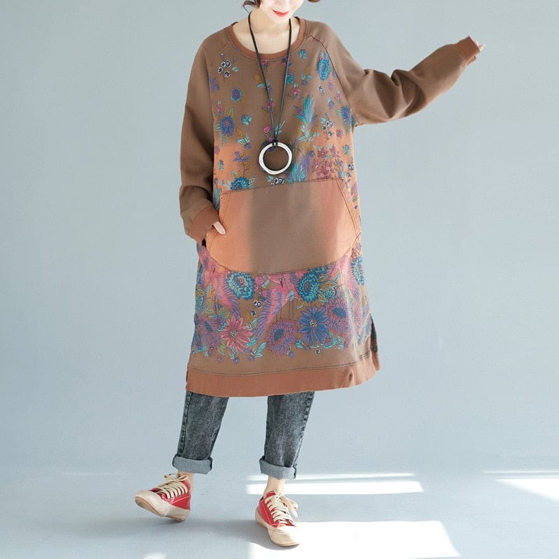Buddha Trends Pulloverkleider Kastanienbraun / Einheitsgröße Übergroßer Pullover mit Blumenmuster