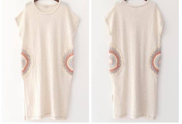 Buddha Trends Sweater Dresses Beige / One Size Mandala Embroidered Knitted T-Shirt Dress