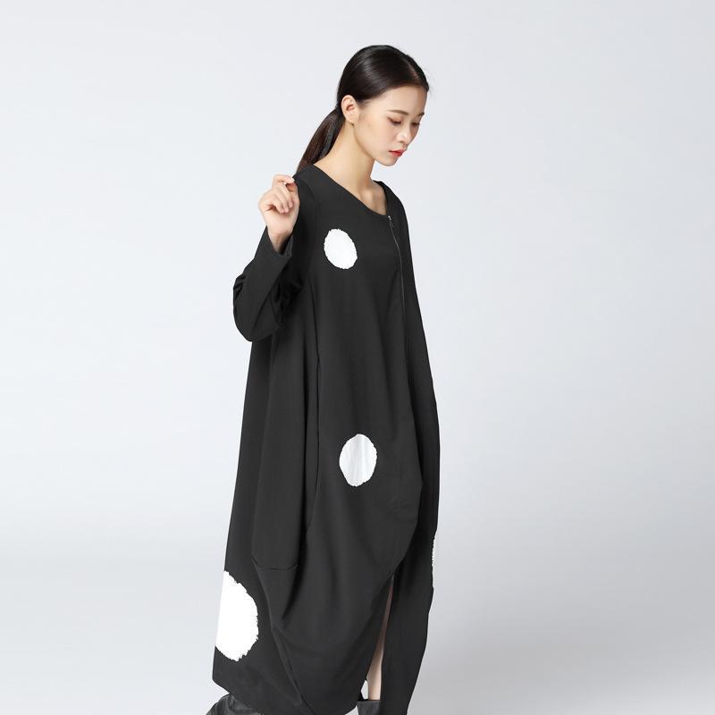 Buddha Trends Sweater Dresses Black And White Polka Dots Oversized Zip Up Cardigan