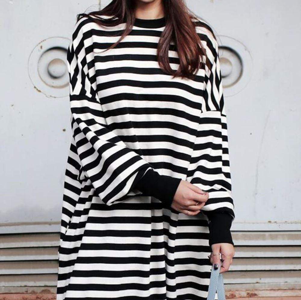 Buddha Trends Sweater Kleider Schwarz-Weiß gestreiftes Plus Size Sweater Kleid