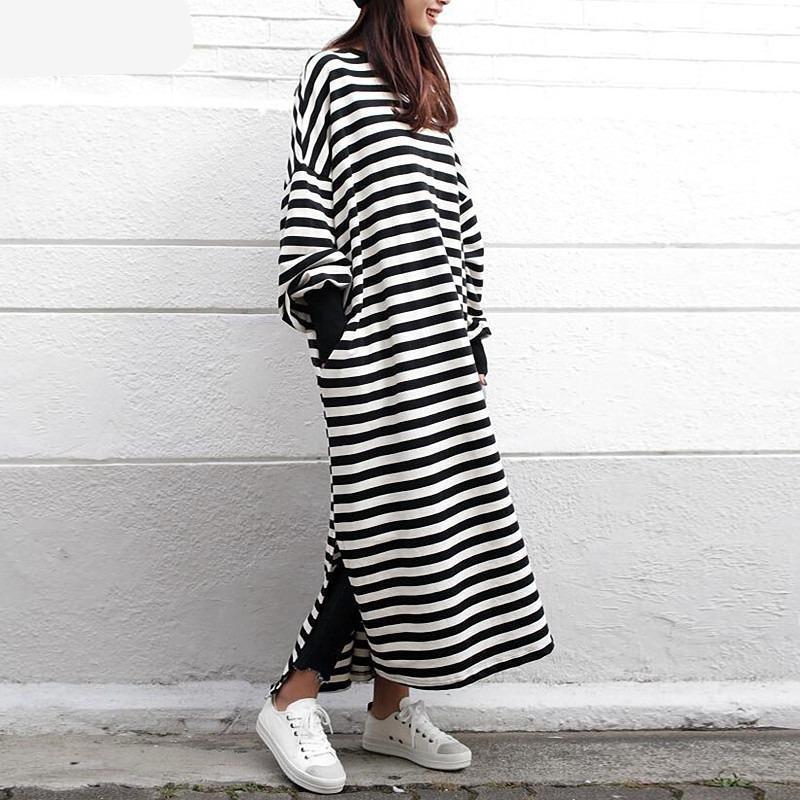 Buddha Trends Sweater Dresses Black and White Striped Plus Size Sweater Dress