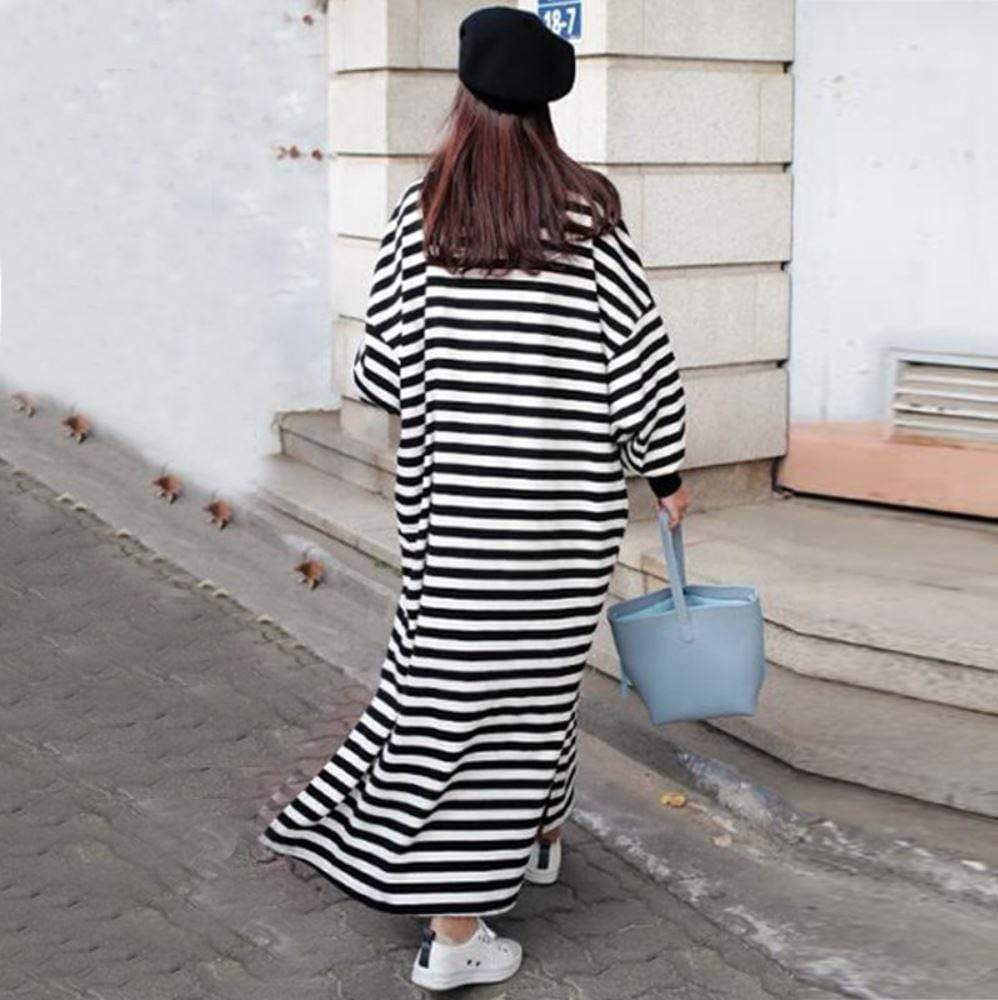 Buddha Trends Sweater Dresses Black and White Striped Plus Size Sweater Dress