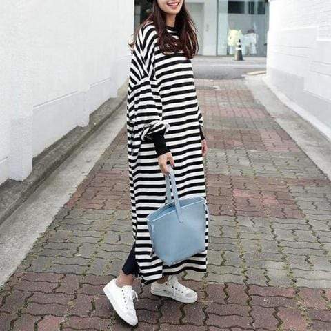 Buddha Trends Sweater Dresses Black & White / S Black and White Striped Plus Size Sweater Dress