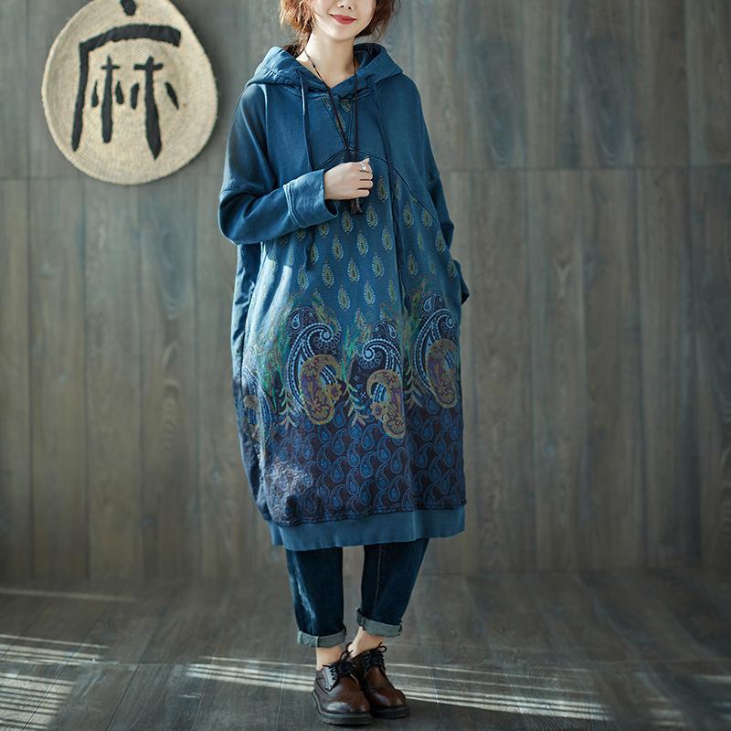 Buddha Trends Sweater Kleider Blau / One Size Peacock Paisley Hooded Sweater Kleid