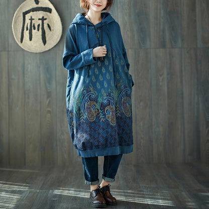 Buddha Trends Sweater Dresses Blue / One Size Peacock Paisley Hooded Sweater Dress