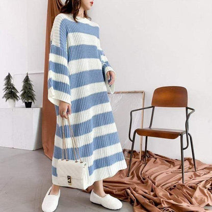 Φόρεμα πουλόβερ Buddha Trends Μπλε και Λευκό / Πλεκτό Πλεκτό Φόρεμα One Size