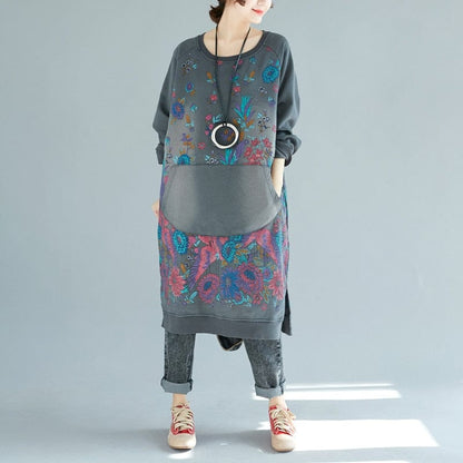 Buddha Trends Sweater Dresses Gray / One Size Floral Oversized Sweater