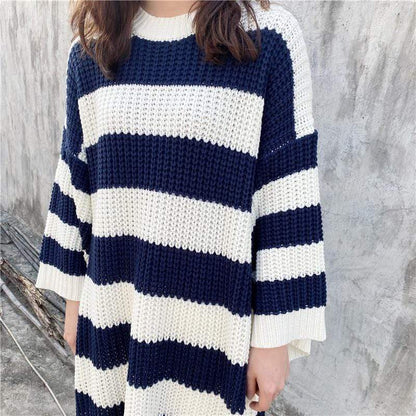 Buddha Trends Sweaterjurken Marineblauw en wit / One Size Oversized gebreide truijurk