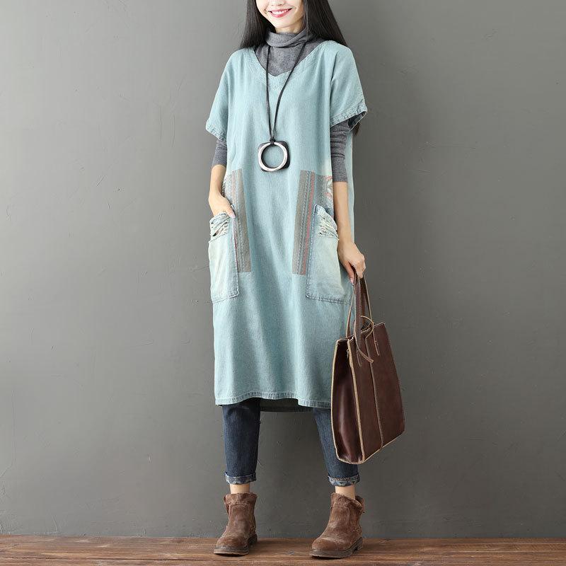 Buddha Trends Sweater Dresses Satu Ukuran / Gaun T-shirt Denim Blok Warna Biru Muda