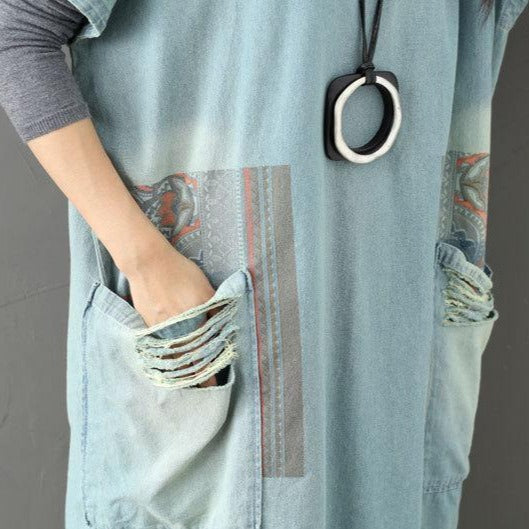 Платья-свитеры Buddha Trends Один размер / Голубое джинсовое платье-футболка с цветными блоками