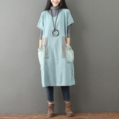 Buddha Trends Sweater Dresses Satu Ukuran / Gaun T-shirt Denim Blok Warna Biru Muda
