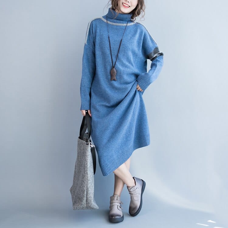 Buddha Trends Sweater Dresses Oversized Blue Turtleneck Sweater Dress