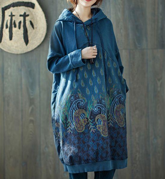 Buddha Trends Sweater Dresses Peacock Paisley Hooded Sweater Dress