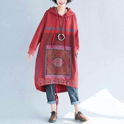 Buddha Trends Sweater Dresses Merah / Satu Ukuran Oversized Tribal Hooded Sweater