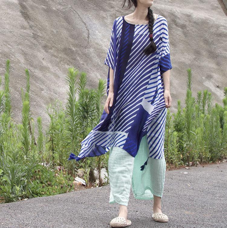 Buddha Trends Tops Oversized White and Blue Striped Blouse | Lotus