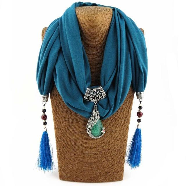 Buddha Trends turquoise Beaded Scarf Necklace With Tassels