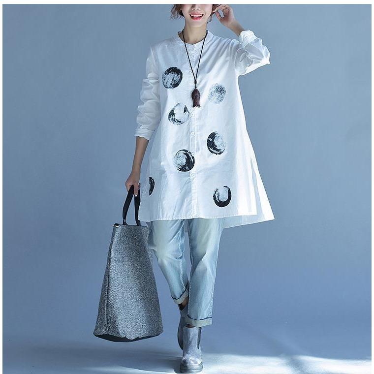 Buddha Trends White and Blue / L Polka Dot Casual Oversized Blouse