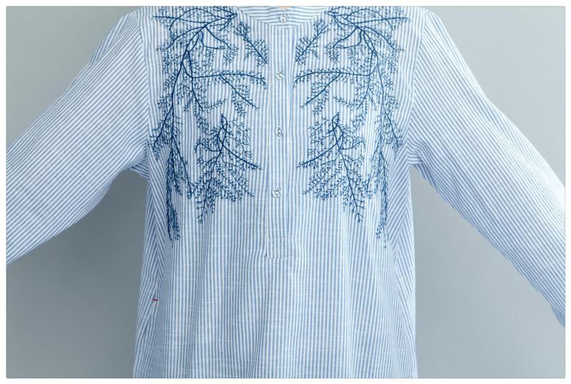 White and Blue Stripes Embroidered Blouse