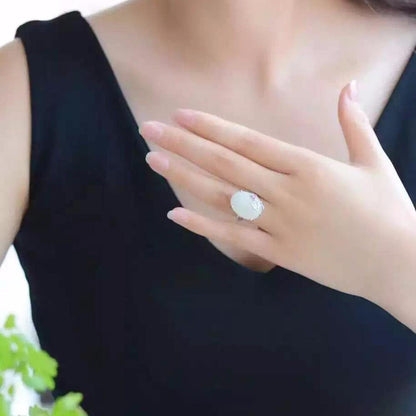 Buddha Trends Λευκό ασημένιο δαχτυλίδι από νεφρίτη