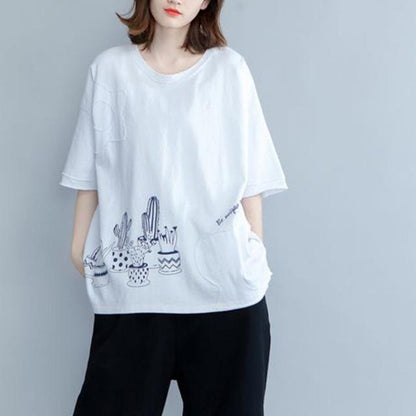 Buddha Trends Weiß / L Vintage-T-Shirt mit Kaktus-Print